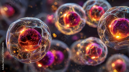 **Cinematic Microscopic 3D Rendering Showing Apoptosis Failure In Cancer Cells, Abnormal Cells Refusing To Die And Glowing With Vibrant Light Inside Tissue, Surrounded By Healthy Cells That Appear Nor
