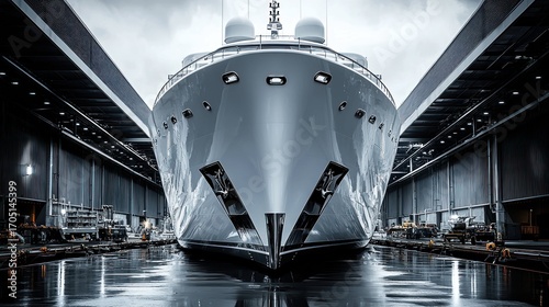 Grand yacht's bow in dry dock. Metallic gray hues, symmetrical perspective