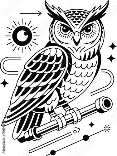 Black and white graphic owl perched on telescope with celestial elements