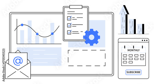 Email marketing, analytics dashboard with charts, task checklist, subscription calendar, and growth indicators. Ideal for marketing, analytics, productivity, planning business management simple