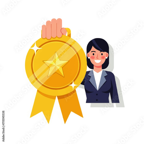 Successful businesswoman celebrates her professional achievement by holding a large gold medal, symbolizing victory and first place recognition
