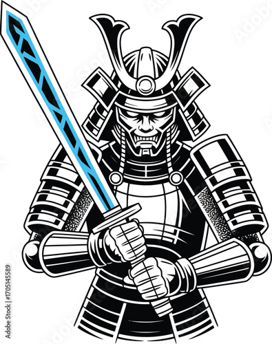 Black and white samurai warrior holding blue sword