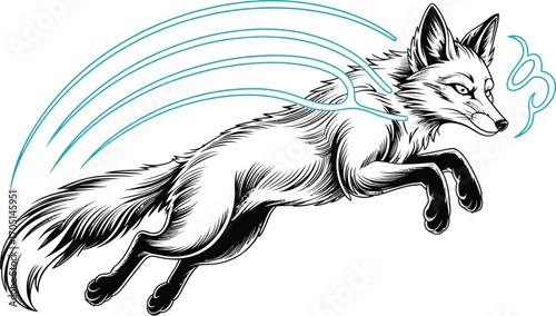 Black and white fox leaping with blue energy trails