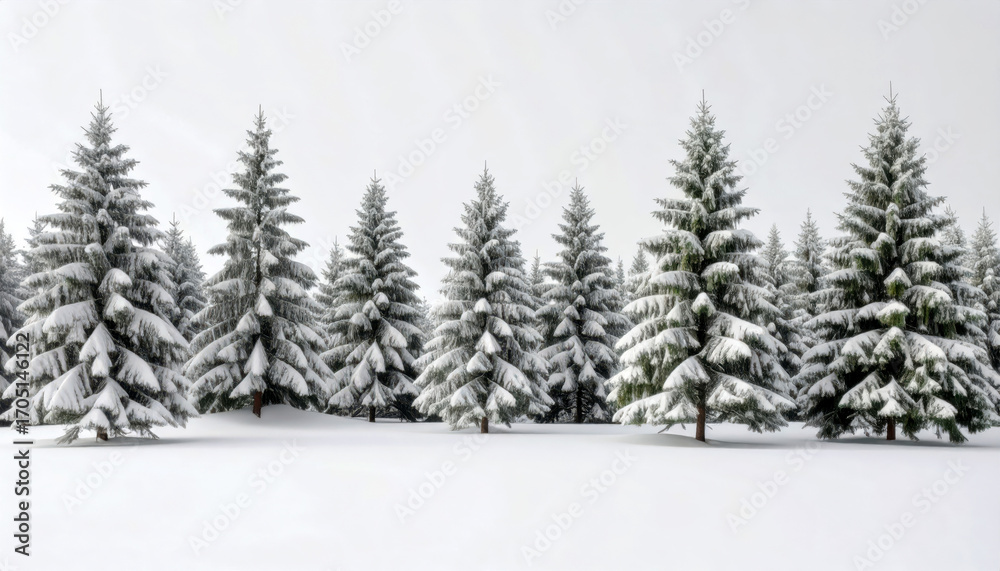 Obraz premium A dense pine forest covered in a fresh layer of white snow with a clear, calm sky