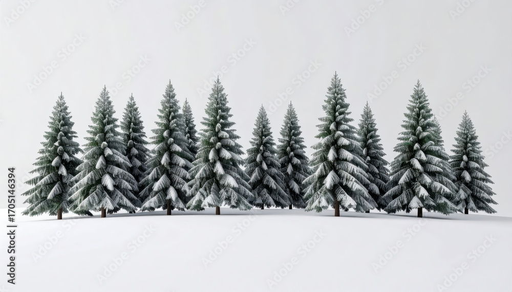 Fototapeta premium A serene scene of multiple snow-dusted Christmas trees arranged neatly on a snowy ground