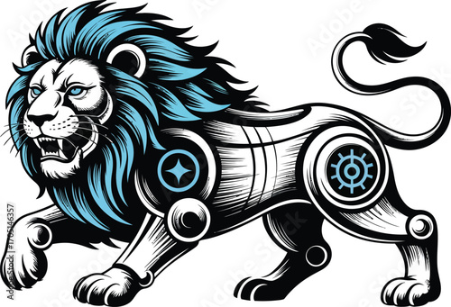 Stylized mechanical lion with blue mane and accents