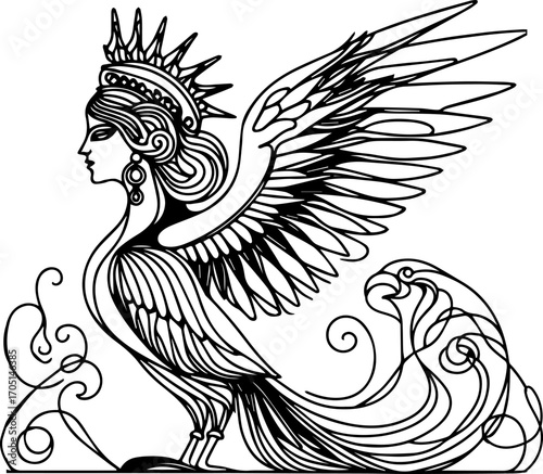 Winged woman with crown and flowing hair in artistic design  