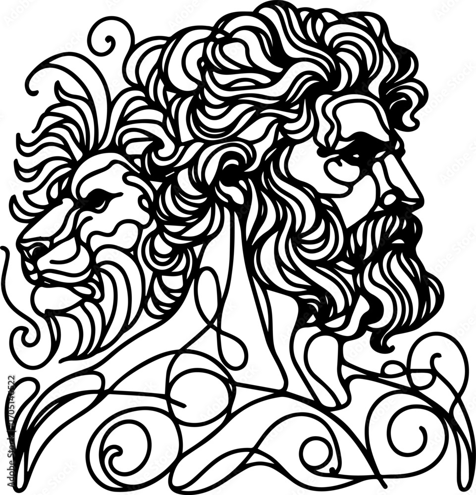 Obraz premium Lion and man silhouette with flowing lines in black design
