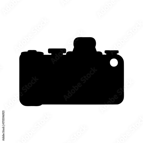 Black silhouette of a camera on a white background taking photos