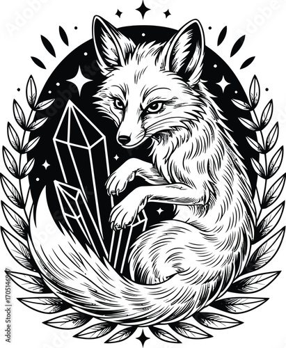 Black and white fox surrounded by crystals and leaves