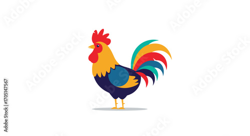 A vibrant illustration of a rooster with colorful feathers stands proudly.