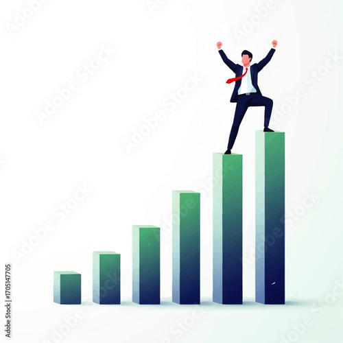 A triumphant businessman celebrates on the pinnacle of a rising bar chart, a powerful visual metaphor for financial growth, career success, and achieving goals