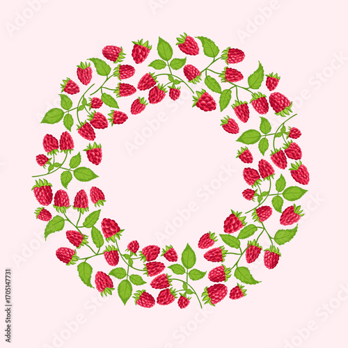 Round wreath of raspberry berries. Juicy berries, hand drawn.