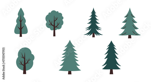 A collection of stylized deciduous and coniferous trees in various shades of green with dark brown trunks.
