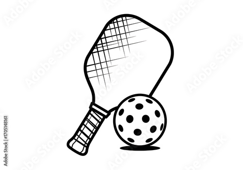 Pickleball paddle and ball isolated on white background, a simple black and white illustration for the popular sport, perfect for logos and designs