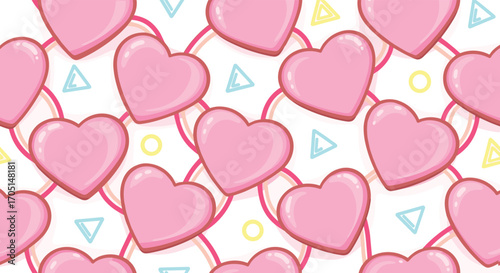 A sweet and charming pattern of pink hearts with a pastel geometric accent.