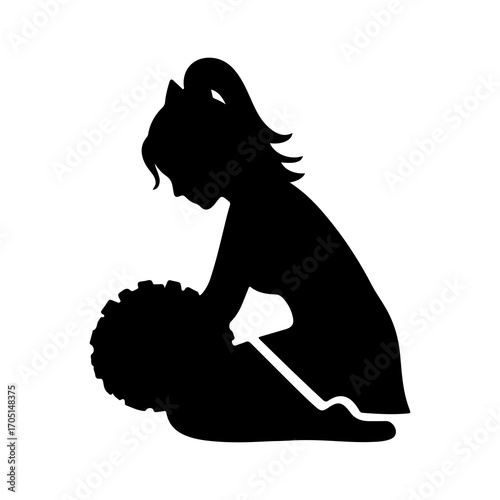 Girl cleaning floor with brush with transparent background