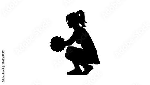 Girl squatting with pom poms with transparent background
