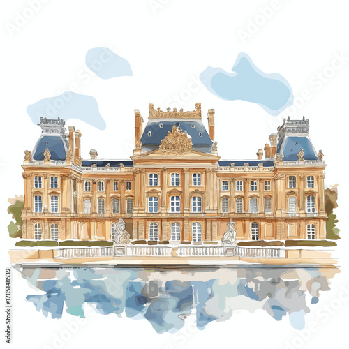 Palace of Versailles. Palace of Versailles watercolor vector illustration