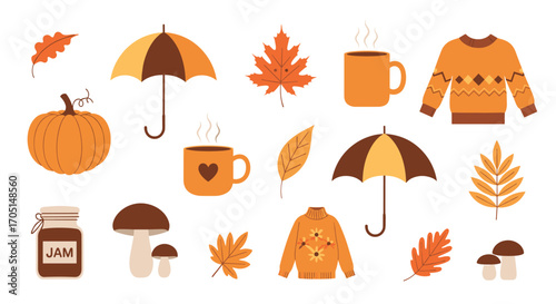 A cozy collection of autumn seasonal objects perfect for fall themed designs.