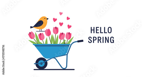 A bright blue wheelbarrow filled with pink tulips and a small yellow bird sits against a white background with the words hello spring written on the right side.