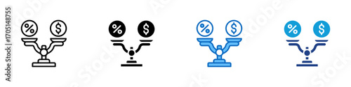 Balance Rate Multiple Style Icon Design Vector - Scale with percentage and dollar, representing financial balance, rate comparison, or value judgment
