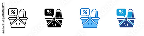 Basket Offer Multiple Style Icon Design Vector - Shopping basket with percentage bubble, representing basket discount, retail sale, or promo offer