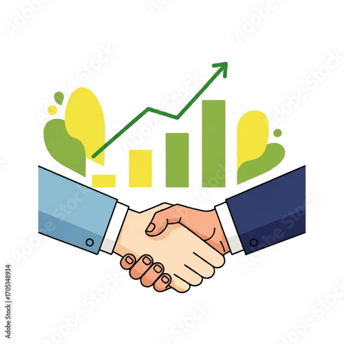 Conceptual illustration of a successful business deal with a handshake over a rising bar graph indicating profit and market growth