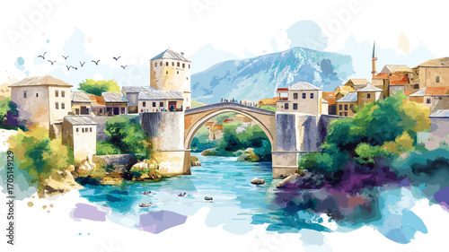 Stari Most. Stari Most watercolor vector illustration