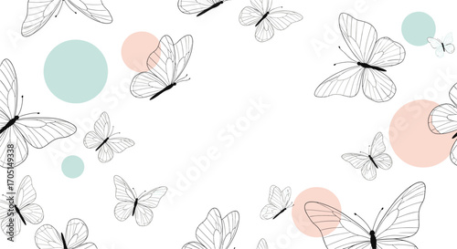 A delicate arrangement of sketched butterflies and softly hued circles on a clean white background.