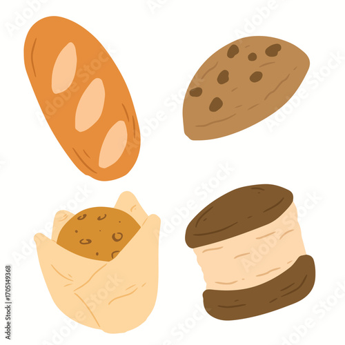 Cartoon bakery set. Vector textured pastry collection. Bakery clipart bundle. Cookies, baguette, muffin and macaron. 