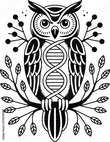 Black and white owl with D N A and branches helix science