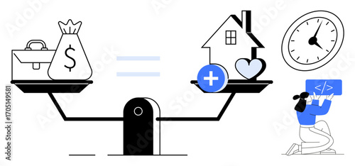 Scales weighing work, money, health, and home, complemented by a clock and a programmer coding. Ideal for work-life balance, productivity, time management, decision-making finance self-care simple