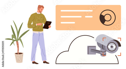 Man using tablet near potted plant, cloud graphic, and surveillance camera. Ideal for technology, security, work management, surveillance, cloud computing, cybersecurity and data visualization