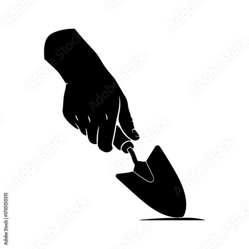 Hand holding trowel digging in soil with transparent background