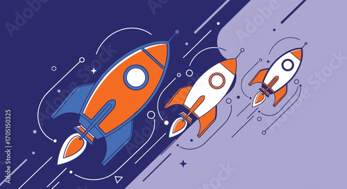 Three stylized rockets are accelerating upwards and forward on a dark blue and light purple background with scattered stars and lines.