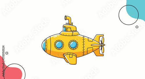 A cheerful cartoon yellow submarine floats serenely in a bright white background with abstract shapes.