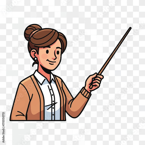 Cartoon Woman Teacher Pointing with a Stick Highlighting Lesson