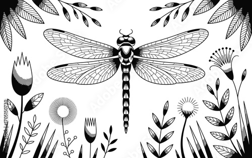 Black and white dragonfly with floral elements insect