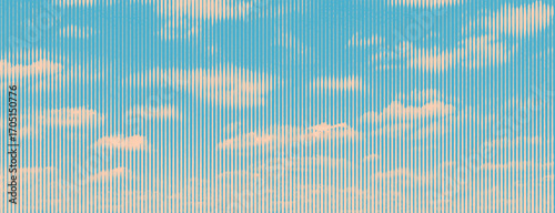 Vector vertical stripes, blue sky and cloud pattern. Abstract linear woodcut, lino cut style retro illustration.