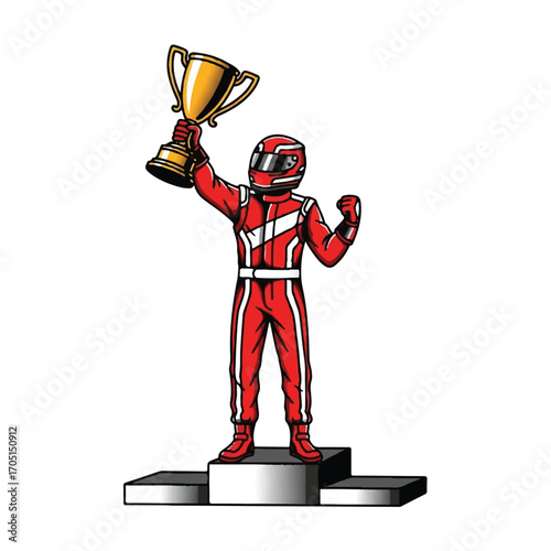 A racing driver celebrates victory on a podium, holding a golden trophy.