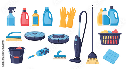 A collection of various cleaning supplies and tools are shown in the illustration.