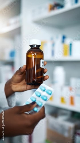 Hand holds brown medicine bottle, blister pack of blue pills against blurred pharmacy shelves