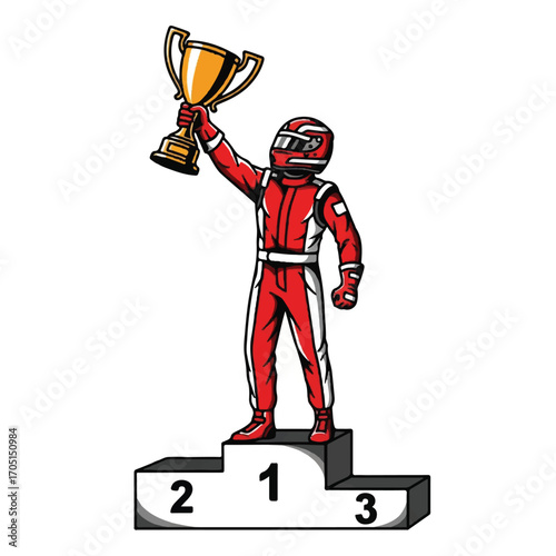 A cartoon race car driver in a red suit stands on the first place winner's podium holding a gold trophy.