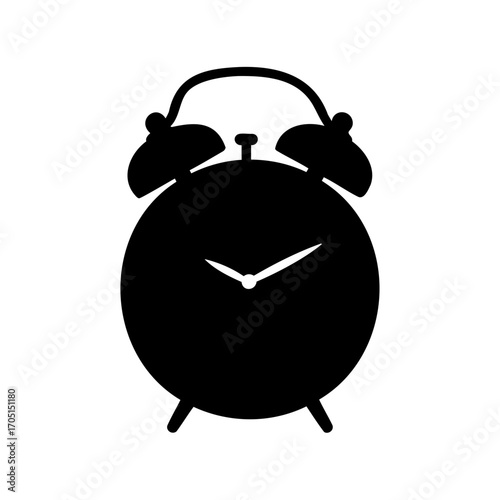 Silhouette of a classic alarm clock against a stark white background
