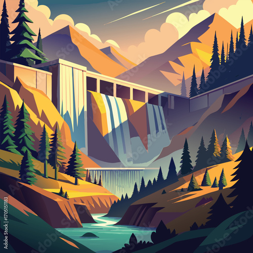 Hydroelectric dam with waterfall and mountain landscape at sunset