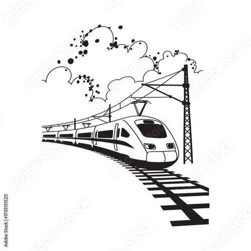 High Speed Train on Tracks with Overhead Lines and Cloud Design Depicting Transportation and Modern Travel