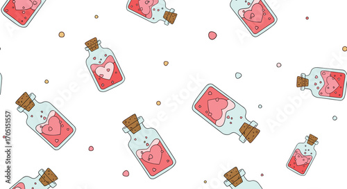A whimsical pattern of delicate glass bottles filled with a charming pink liquid featuring a heart shape.
