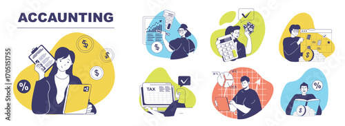 Accounting concept set for web design. Collection with people inspecting financial balance, calculating budget and annual revenue, investing money, planning savings and reporting. Vector illustration.