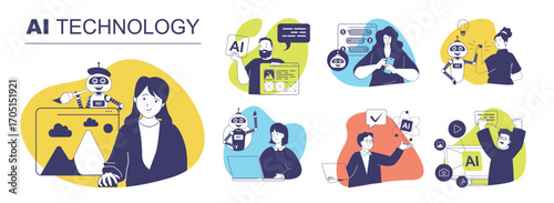 AI technology concept set for web design. Collection with people using artificial intelligence virtual assistant for image or text generation, online data analysis, doing tasks. Vector illustration.